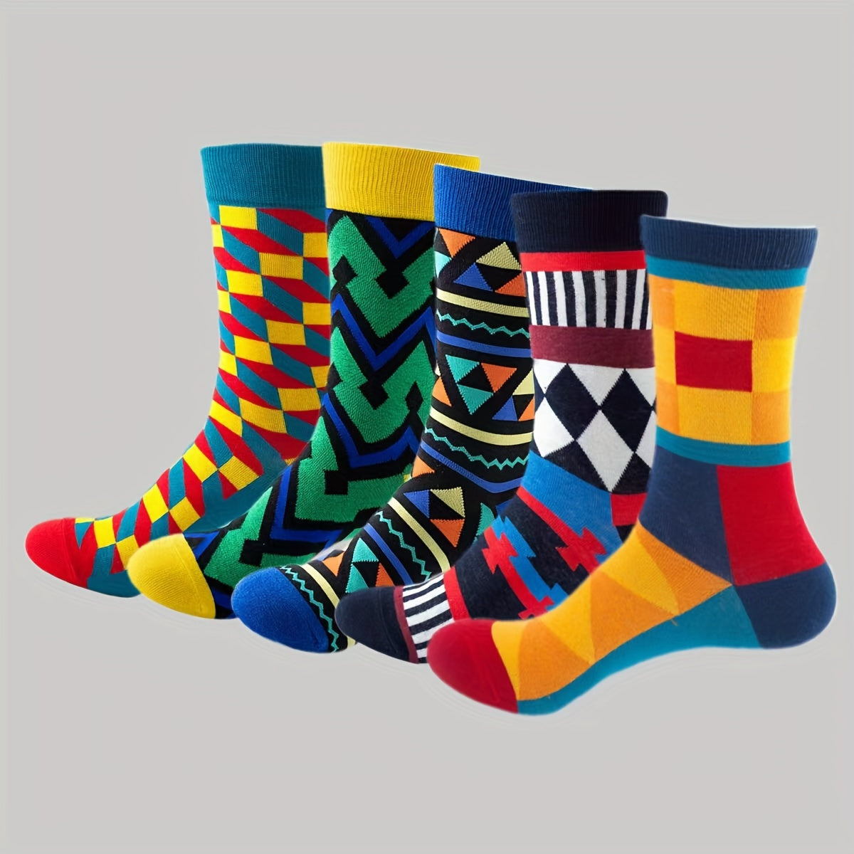 5pcs Men's Athletic & Casual Socks - Vibrant Geometric Patterns, Breathable Cotton Blend, Perfect for Sports & Casual Attire, Colorful, Versatile