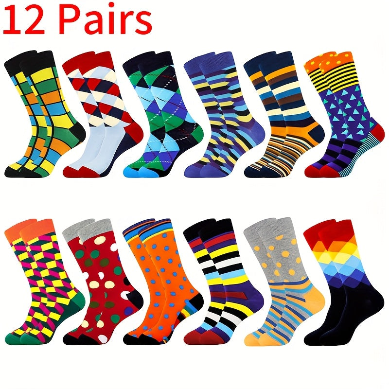 12pcs Nujoyco Fun Geometric Crew Socks for Men & Women - Colorful Striped, Polka Dot & Diamond Patterns - Soft, Breathable Polyester Blend - Ideal Gift for Dad, Grandpa, Husband, Uncle - Fits US 7-13, Machine Washable, Cute Socks
