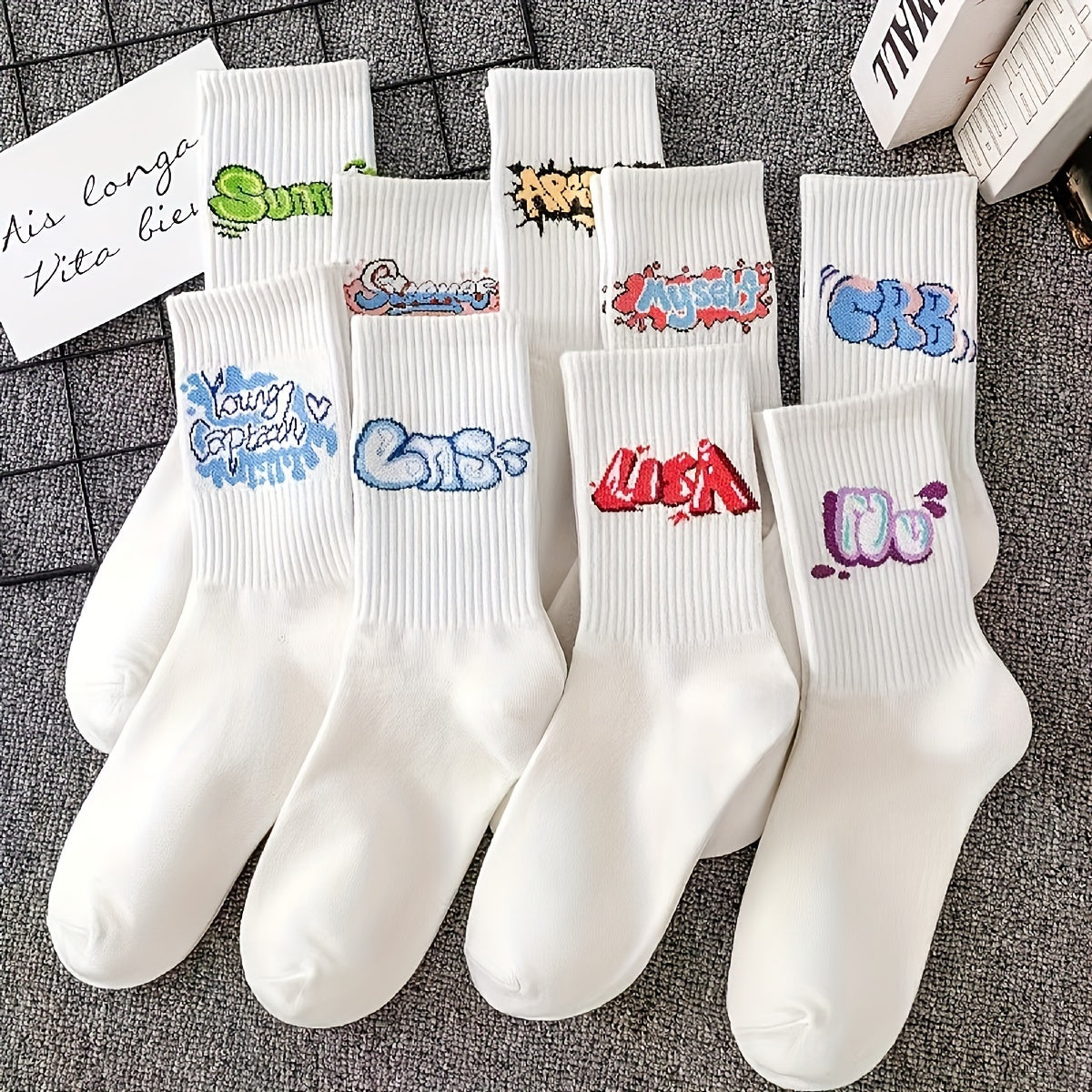 9pcs Men's Fashion Crew Socks - Breathable Polyester, Graffiti Letter Design, Perfect for Outdoor Activities & Gifts