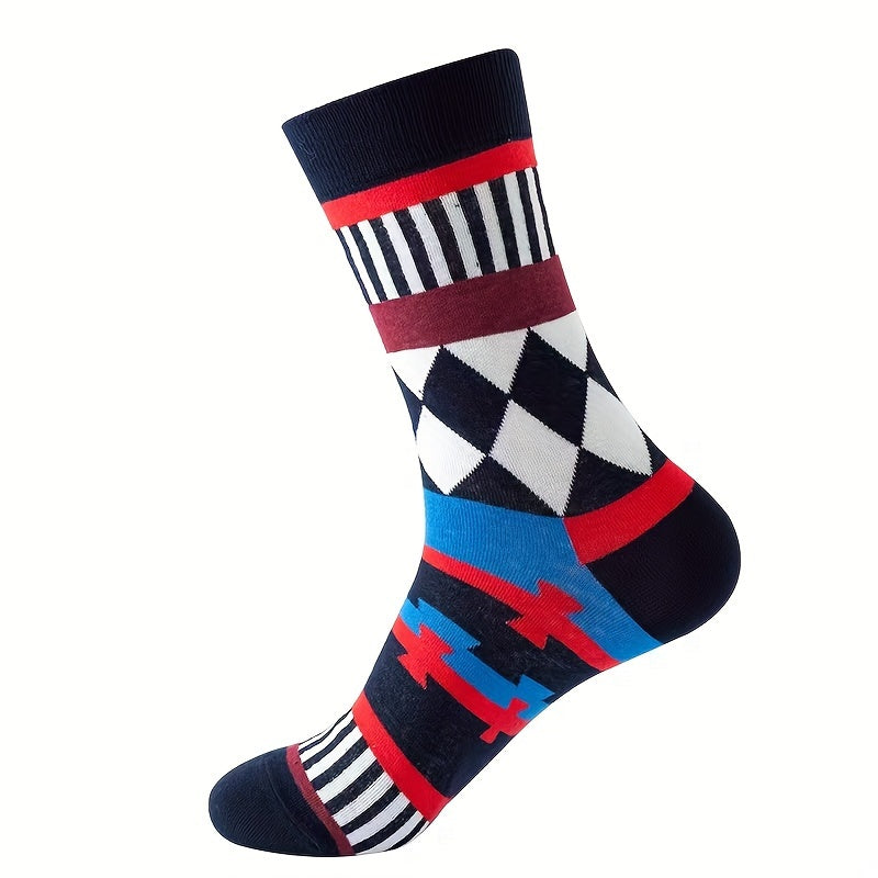5pcs Men's Athletic & Casual Socks - Vibrant Geometric Patterns, Breathable Cotton Blend, Perfect for Sports & Casual Attire, Colorful, Versatile