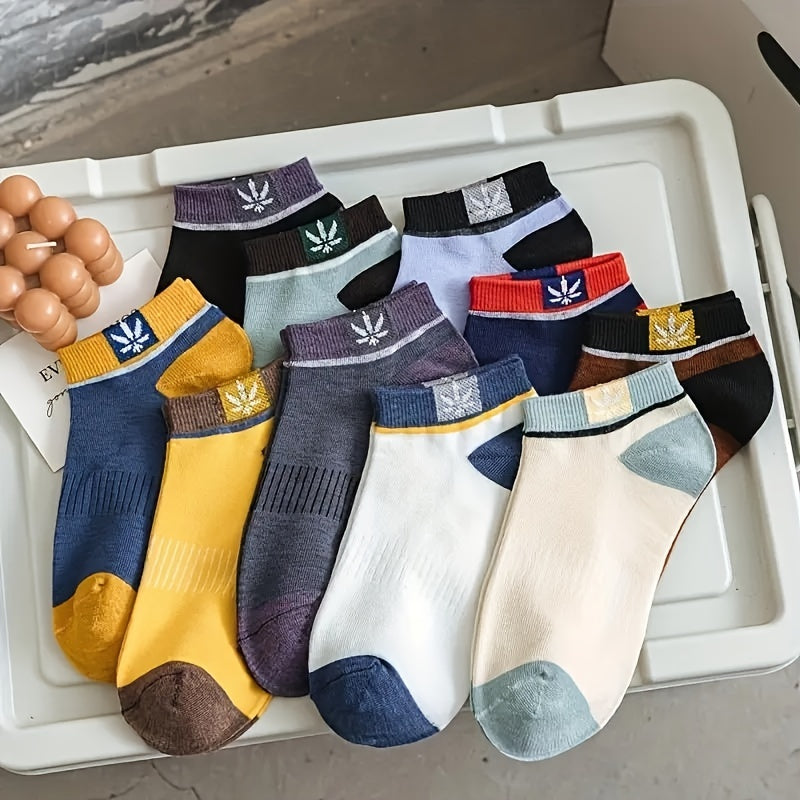 10 Pairs Of Men's Trendy Colour Block Liner Socks, Anti Odor Comfy Breathable Casual Soft & Elastic Socks, Spring & Summer