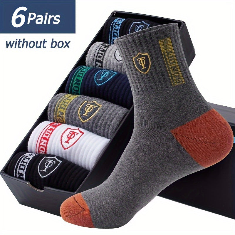 6 Pairs Men'S Cotton Blend Athletic Socks - Absorbent, Embroidered Crest Design, Ankle Length, Hand Wash Only, Athletic Socks|Crest Embroidery| Construction