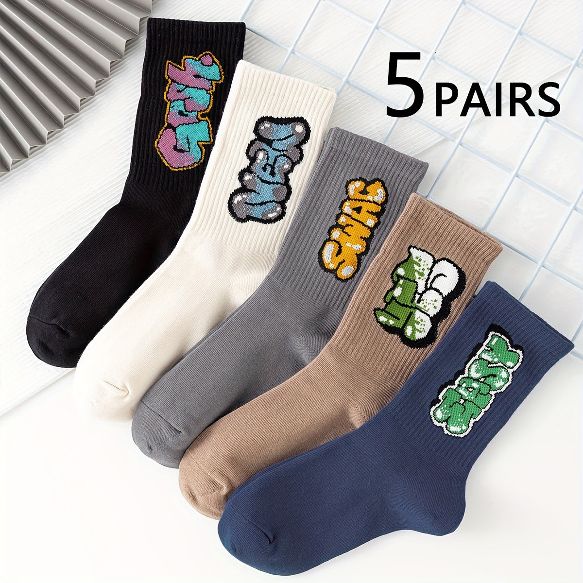 5pcs Men's Fashion Crew Socks - Colorful Graffiti & Letter Design, Breathable & Moisture-Wicking, Comfortable for Sports & Casual Wear