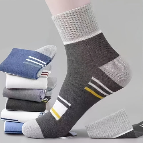 10 Pairs Men's Breathable Athletic Crew Socks - Sweat Absorbent, Color Block Design, Ribbed Cuffs, Striped Patterns for Sports & Casual Wear- Men's Socks Mid-Calf Spring Four Seasons Color-Matching Long Socks Trendy Sports Men's Socks