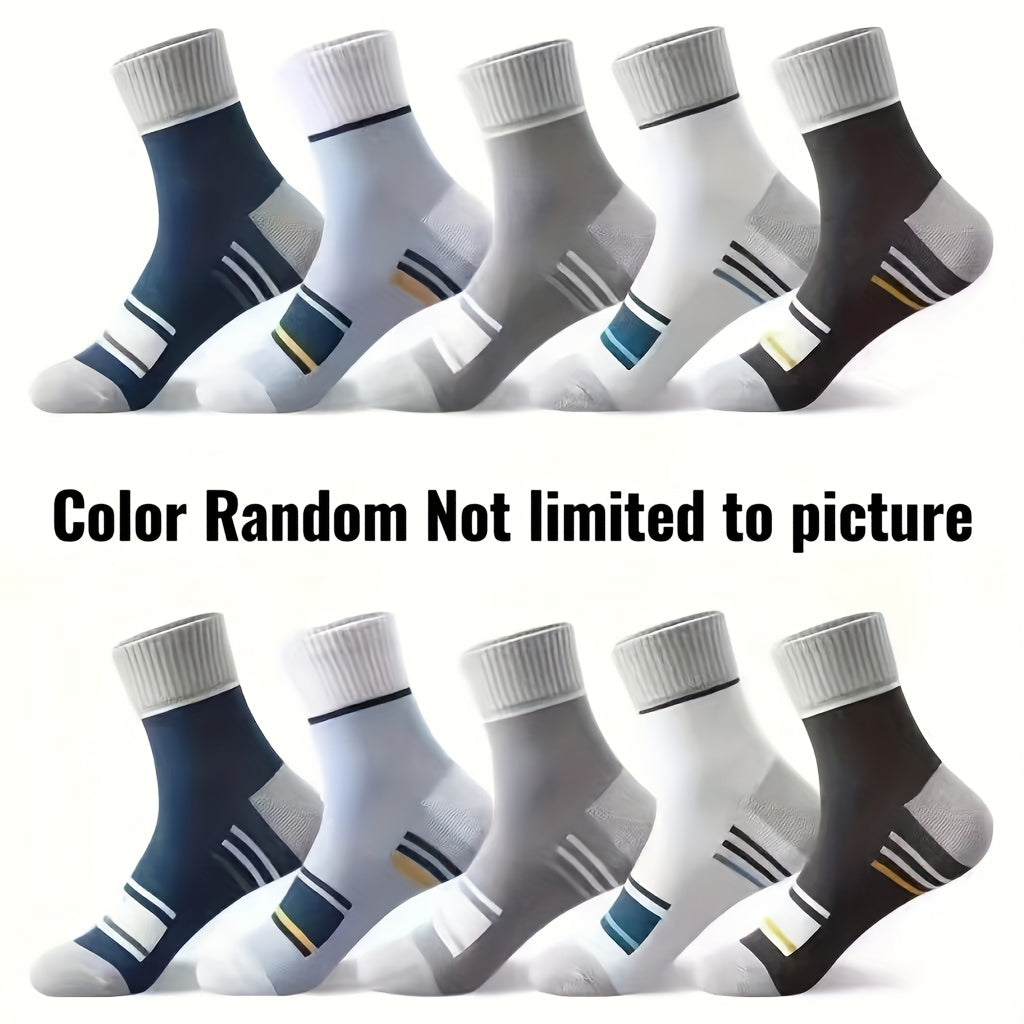 10 Pairs Men's Breathable Athletic Crew Socks - Sweat Absorbent, Color Block Design, Ribbed Cuffs, Striped Patterns for Sports & Casual Wear- Men's Socks Mid-Calf Spring Four Seasons Color-Matching Long Socks Trendy Sports Men's Socks