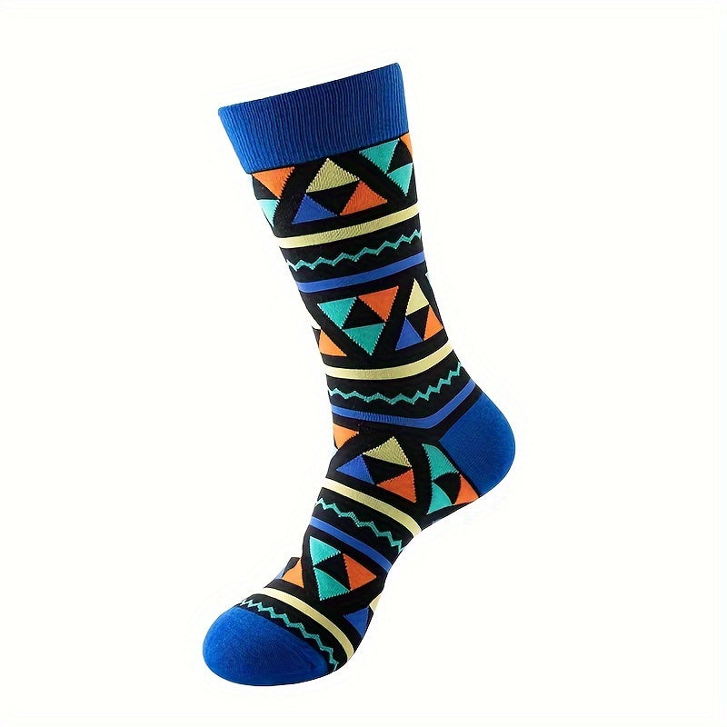 5pcs Men's Athletic & Casual Socks - Vibrant Geometric Patterns, Breathable Cotton Blend, Perfect for Sports & Casual Attire, Colorful, Versatile