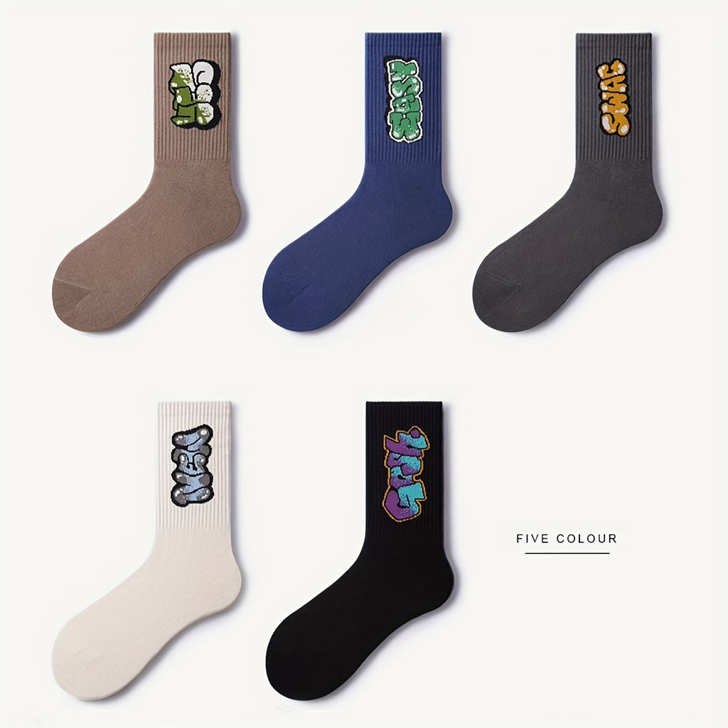 5pcs Men's Fashion Crew Socks - Colorful Graffiti & Letter Design, Breathable & Moisture-Wicking, Comfortable for Sports & Casual Wear