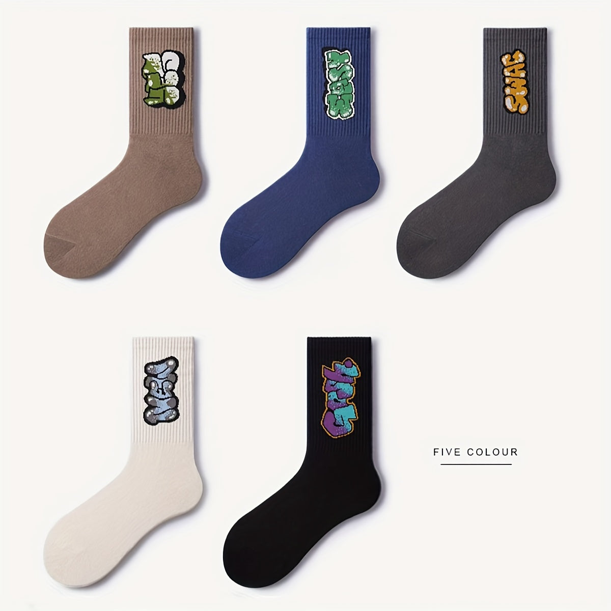 5pcs Men's Fashion Crew Socks - Colorful Graffiti & Letter Design, Breathable & Moisture-Wicking, Comfortable for Sports & Casual Wear