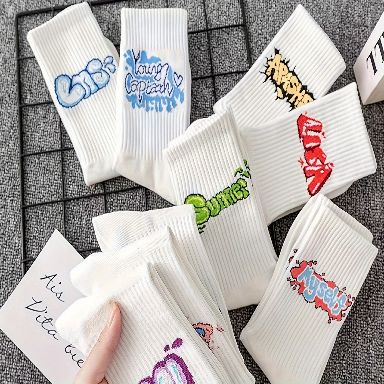 9pcs Men's Fashion Crew Socks - Breathable Polyester, Graffiti Letter Design, Perfect for Outdoor Activities & Gifts