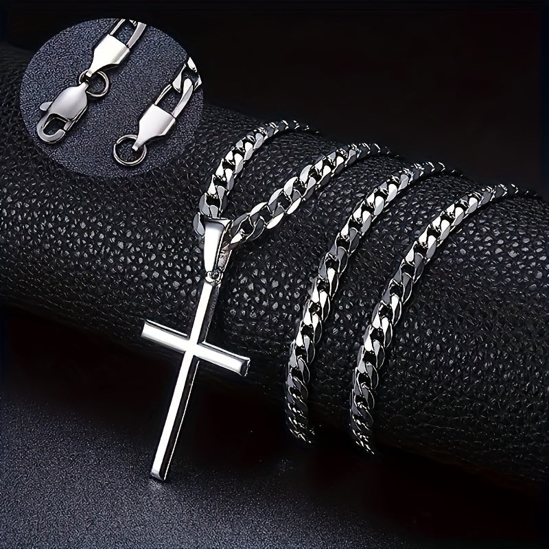 A Stylish And Versatile 925 Sterling Silver Cross Necklace With A Figaro Chain, Perfect For Everyday Wear, Ideal As A Gift For Your Boyfriend On Special Occasions, Comes With A Beautiful Gift Box.