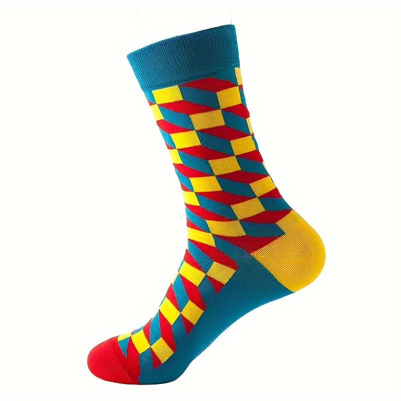5pcs Men's Athletic & Casual Socks - Vibrant Geometric Patterns, Breathable Cotton Blend, Perfect for Sports & Casual Attire, Colorful, Versatile