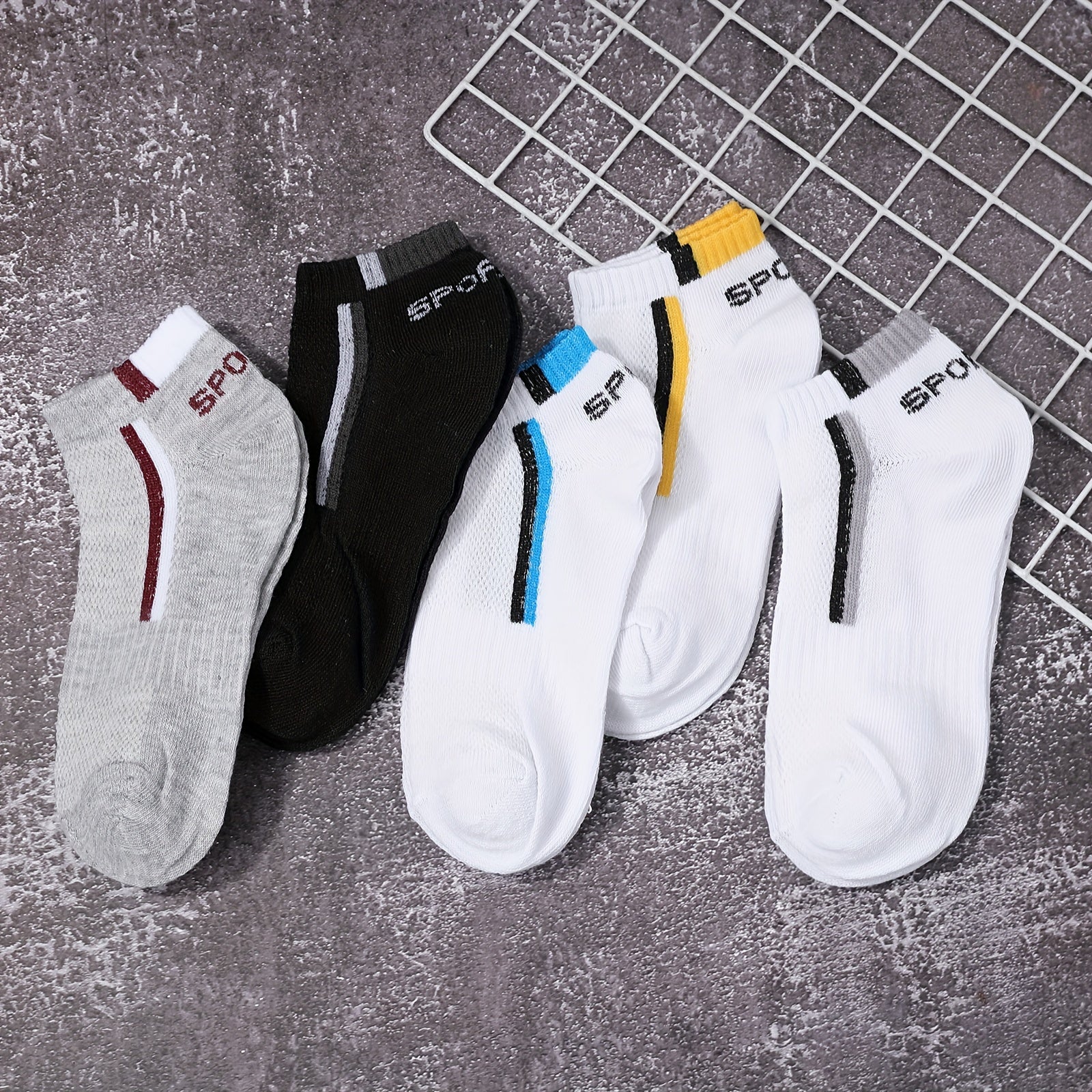 5pcs Men's Summer Thin Ankle Socks - Breathable Mesh, Sweat-Wicking, Low-Cut Athletic & Casual Socks in Black, Blue, White, Gray, Maroon with \