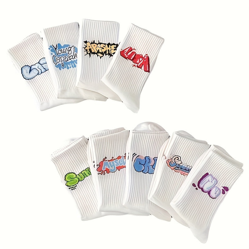 9pcs Men's Fashion Crew Socks - Breathable Polyester, Graffiti Letter Design, Perfect for Outdoor Activities & Gifts