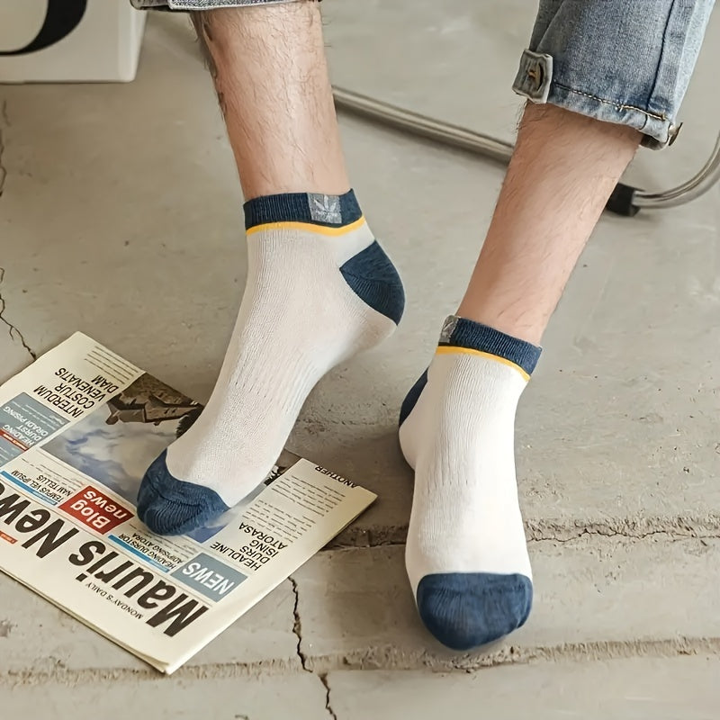 10 Pairs Of Men's Trendy Colour Block Liner Socks, Anti Odor Comfy Breathable Casual Soft & Elastic Socks, Spring & Summer