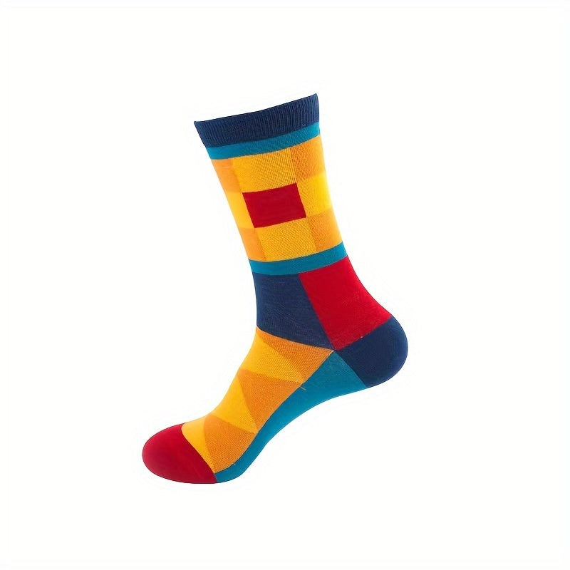 5pcs Men's Athletic & Casual Socks - Vibrant Geometric Patterns, Breathable Cotton Blend, Perfect for Sports & Casual Attire, Colorful, Versatile
