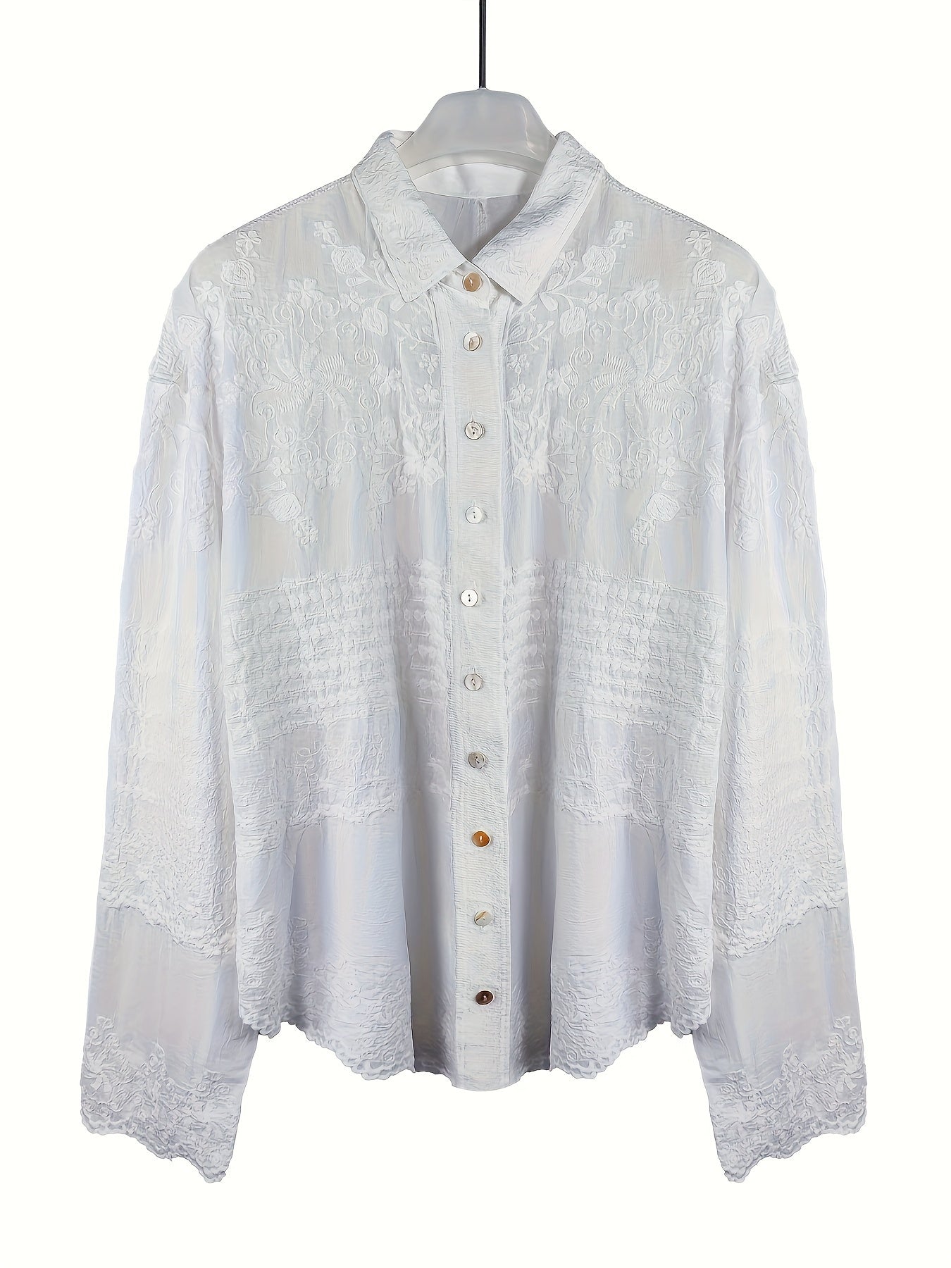 Seasonal Versatility Elegant French Vintage-Inspired Long Sleeve Crochet Blouse for Women - Sheer White Button-Up Shirt with Delicate Lace Detailing, Casual Loose Fit, Perfect for Spring and Fall