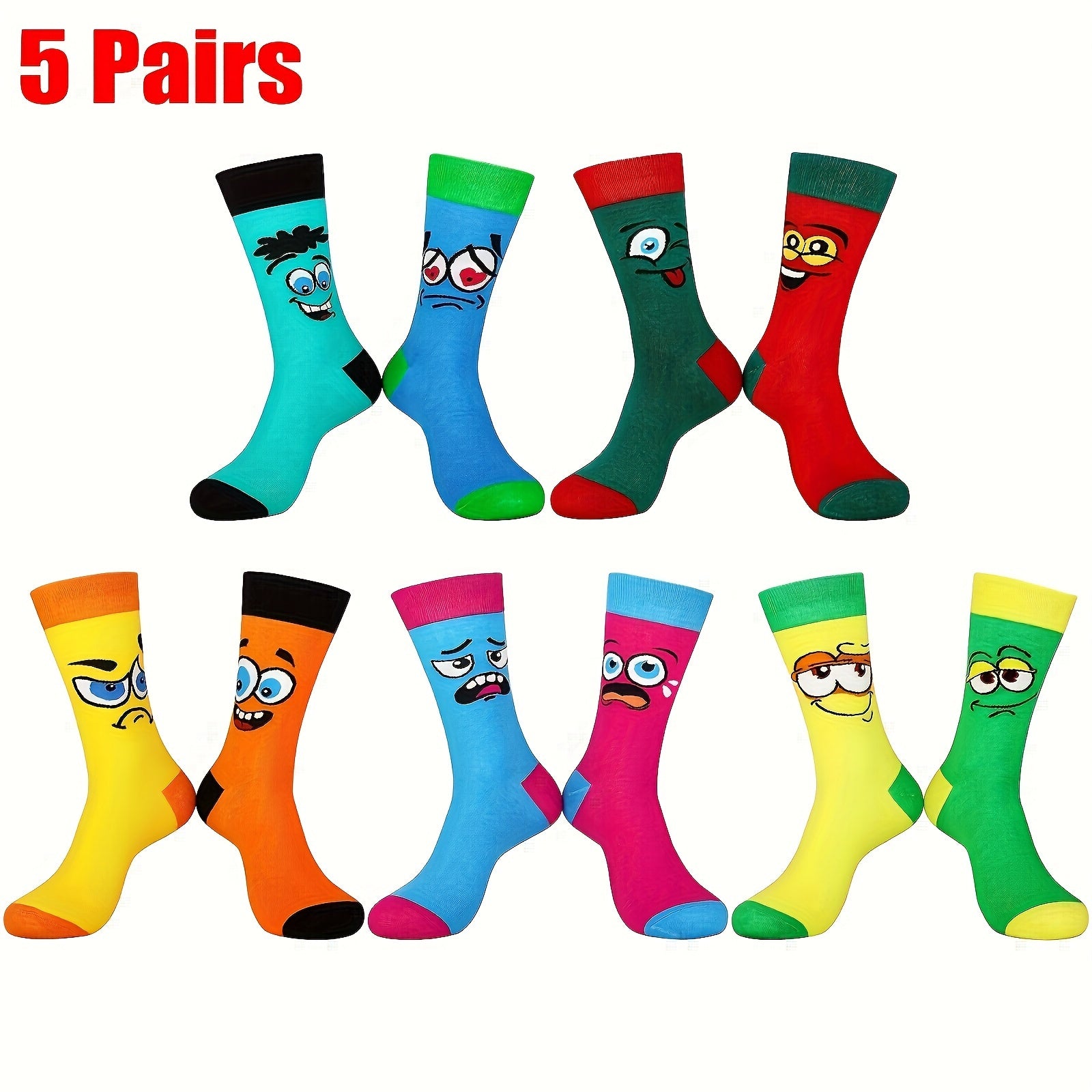 5 Pairs Unisex Cartoon Expression Calf Socks, Cotton Knit Fabric with Acrylic & Spandex, Machine Washable, Fun Novelty Casual Crew Socks for Men, Women, and Teens, Gift-Ready