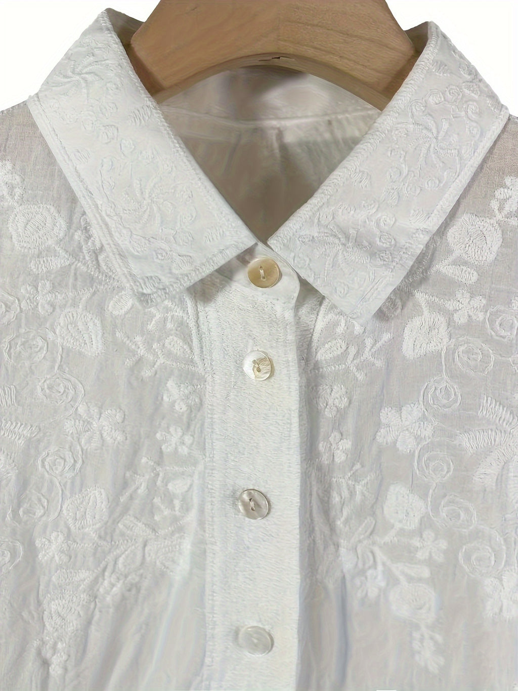 Seasonal Versatility Elegant French Vintage-Inspired Long Sleeve Crochet Blouse for Women - Sheer White Button-Up Shirt with Delicate Lace Detailing, Casual Loose Fit, Perfect for Spring and Fall