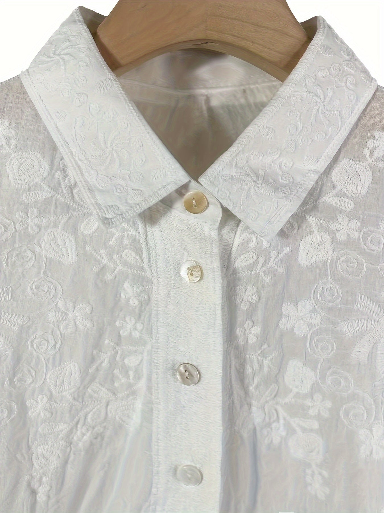 Seasonal Versatility Elegant French Vintage-Inspired Long Sleeve Crochet Blouse for Women - Sheer White Button-Up Shirt with Delicate Lace Detailing, Casual Loose Fit, Perfect for Spring and Fall