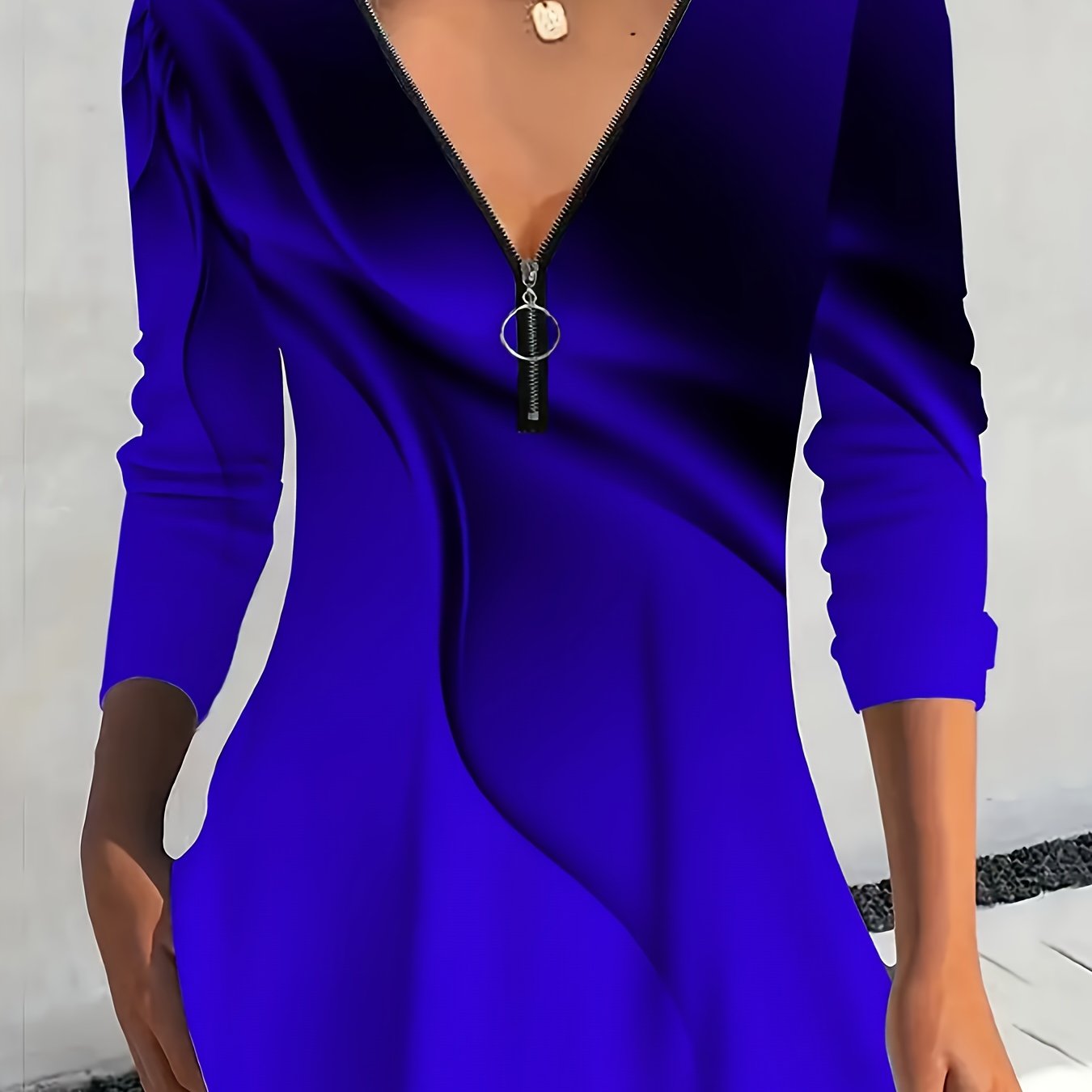 Zipper Collar Full Body Print Women's T-shirt