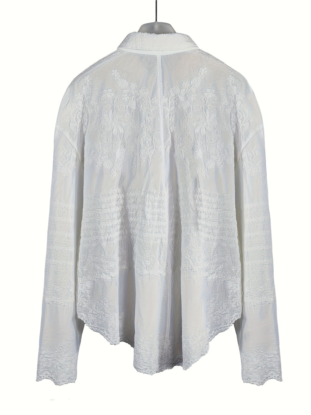 Seasonal Versatility Elegant French Vintage-Inspired Long Sleeve Crochet Blouse for Women - Sheer White Button-Up Shirt with Delicate Lace Detailing, Casual Loose Fit, Perfect for Spring and Fall