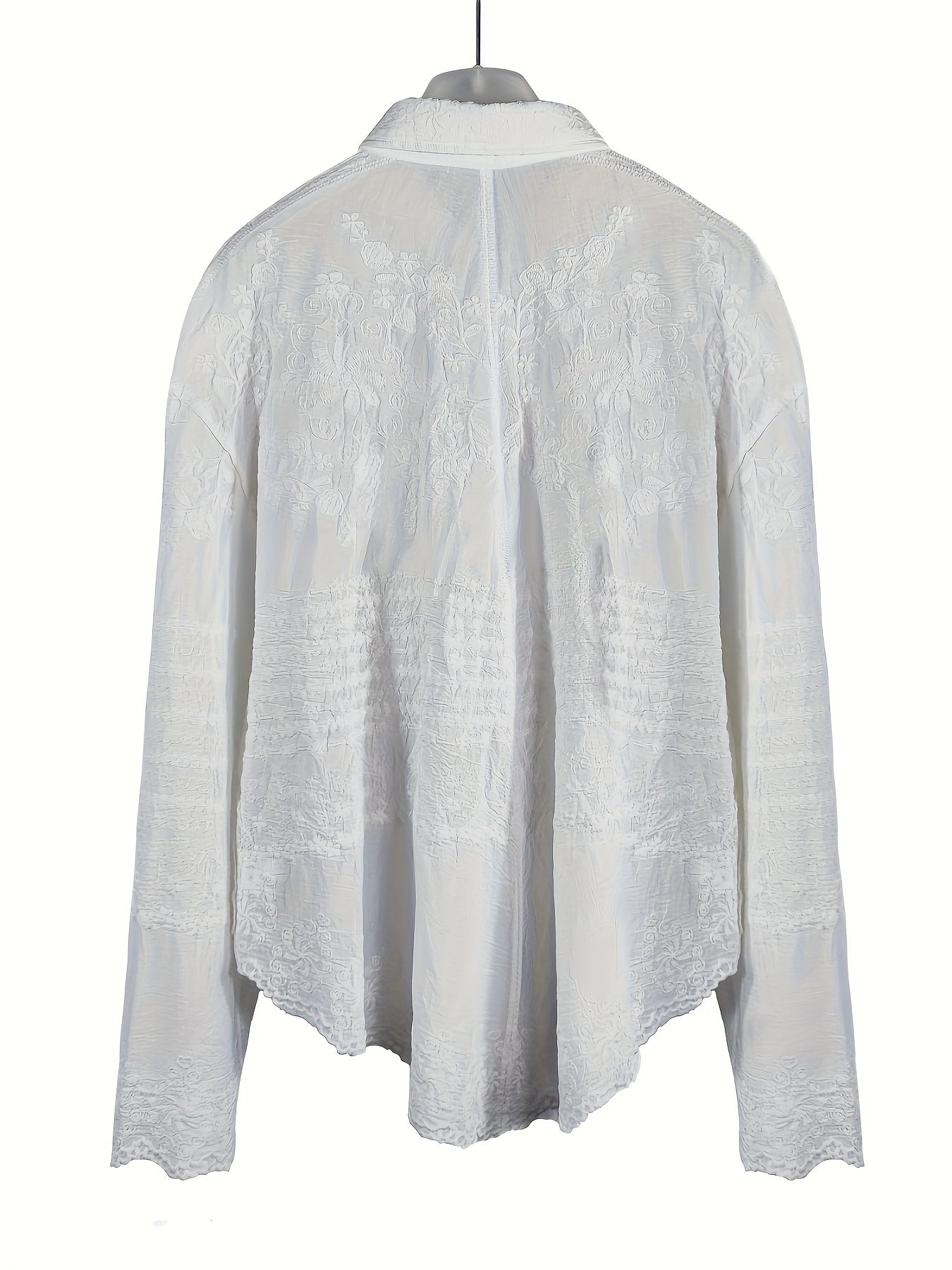Seasonal Versatility Elegant French Vintage-Inspired Long Sleeve Crochet Blouse for Women - Sheer White Button-Up Shirt with Delicate Lace Detailing, Casual Loose Fit, Perfect for Spring and Fall