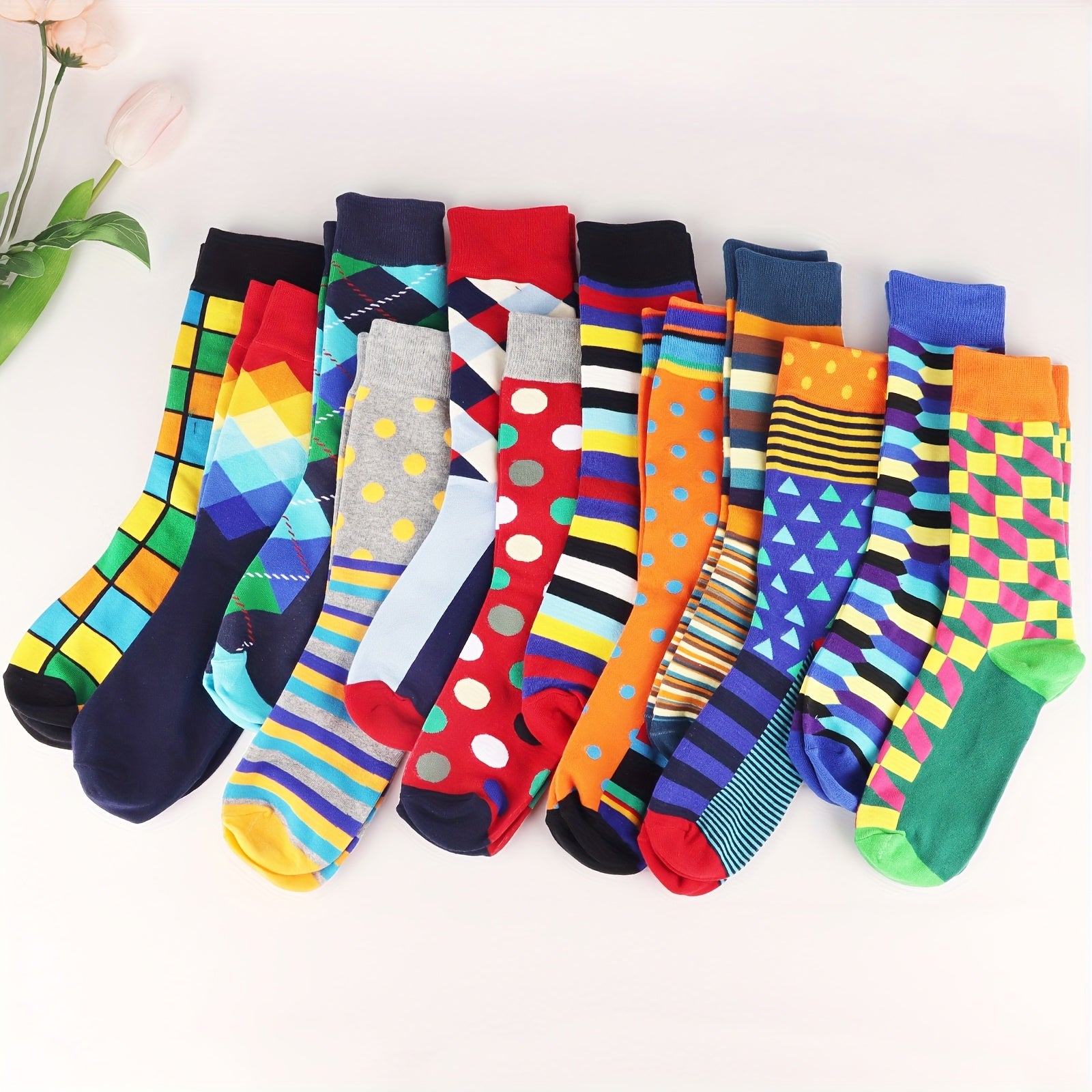 12pcs Nujoyco Fun Geometric Crew Socks for Men & Women - Colorful Striped, Polka Dot & Diamond Patterns - Soft, Breathable Polyester Blend - Ideal Gift for Dad, Grandpa, Husband, Uncle - Fits US 7-13, Machine Washable, Cute Socks