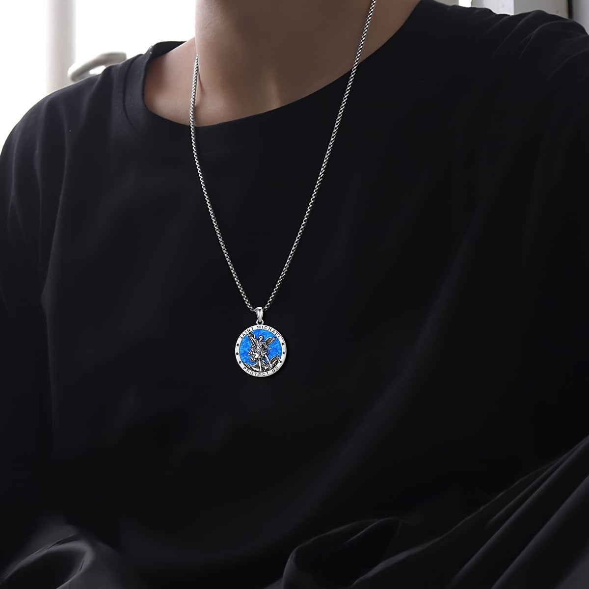 Opal St Michael Necklace For Men 925 Sterling Silvery Round Saint Archangel Michael Medal Medallion Protection Jewelry