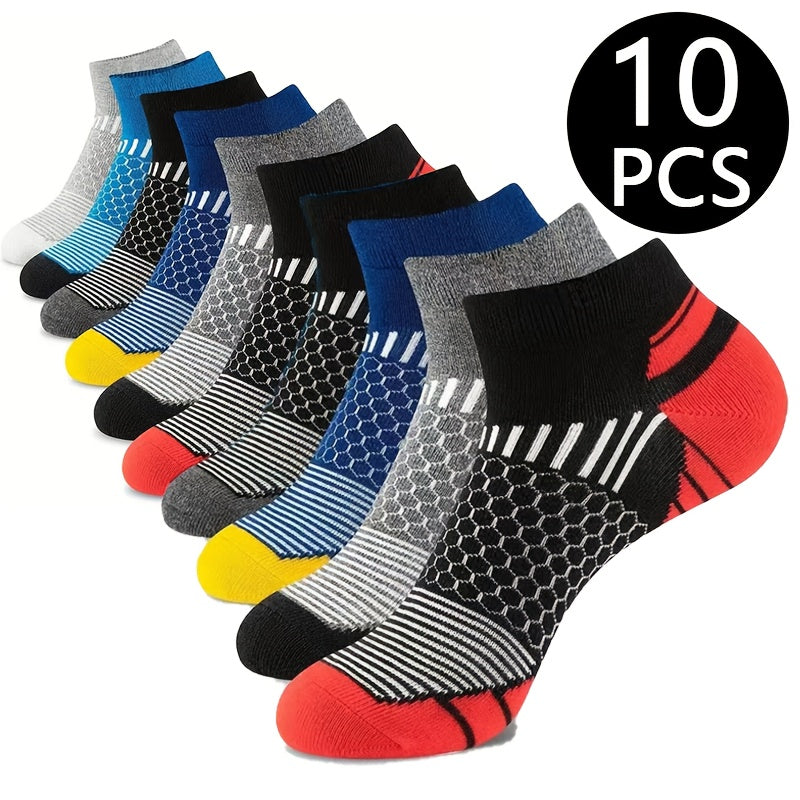 10-Pack Men'S Ankle Socks, Color Block, Moisture-Wicking Breathable, Comfortable Casual Sports Socks, Knit Polyester (88%) Elastane (12%), Hand Wash\u002FDry Clean