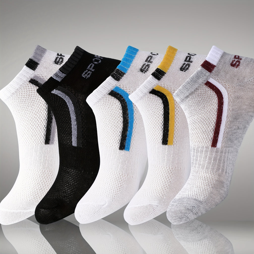 5pcs Men's Summer Thin Ankle Socks - Breathable Mesh, Sweat-Wicking, Low-Cut Athletic & Casual Socks in Black, Blue, White, Gray, Maroon with \
