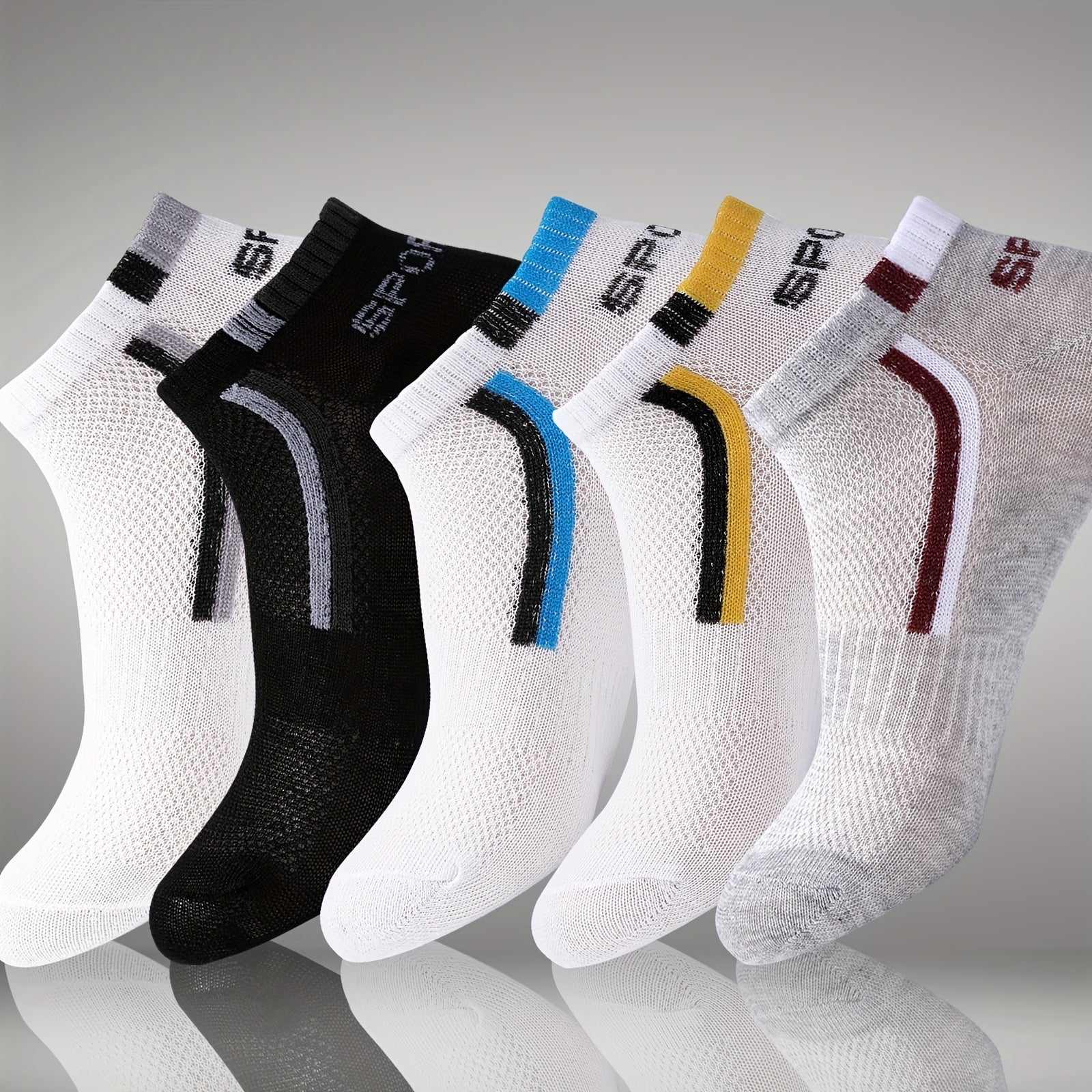 5pcs Men's Summer Thin Ankle Socks - Breathable Mesh, Sweat-Wicking, Low-Cut Athletic & Casual Socks in Black, Blue, White, Gray, Maroon with \