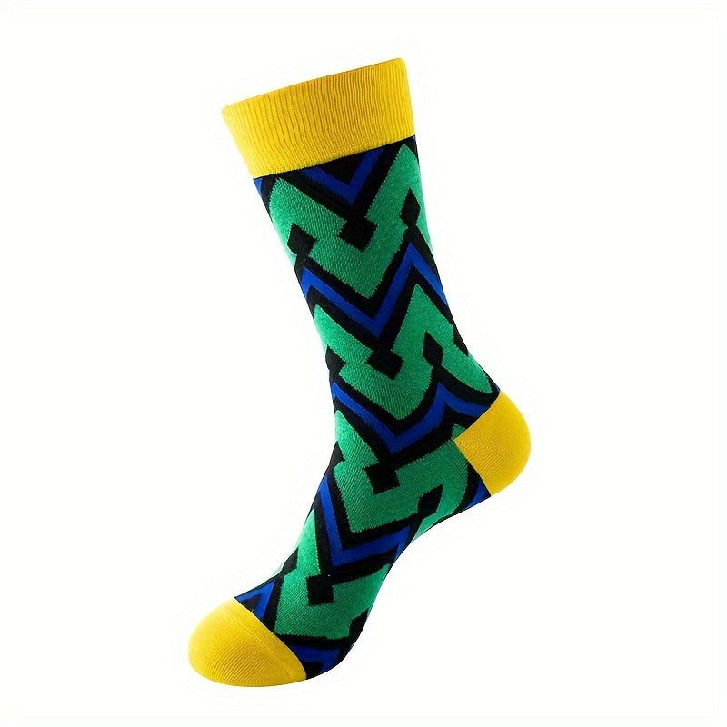 5pcs Men's Athletic & Casual Socks - Vibrant Geometric Patterns, Breathable Cotton Blend, Perfect for Sports & Casual Attire, Colorful, Versatile