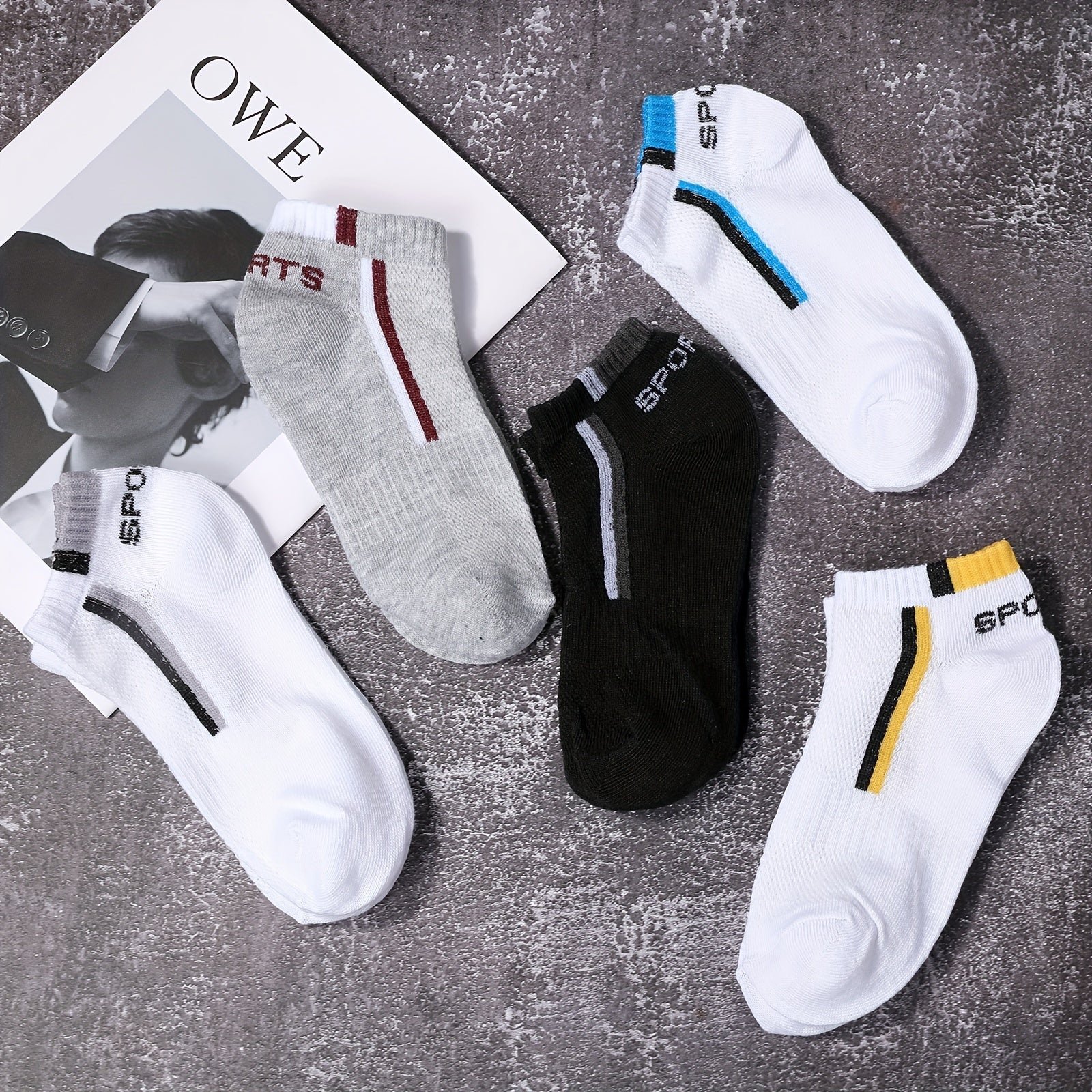 5pcs Men's Summer Thin Ankle Socks - Breathable Mesh, Sweat-Wicking, Low-Cut Athletic & Casual Socks in Black, Blue, White, Gray, Maroon with \